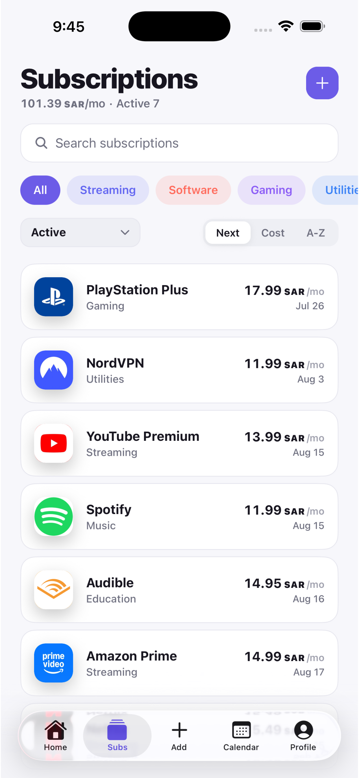 Tally subscriptions list